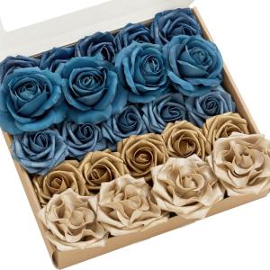 imageLings Moment Artificial Flowers Fake Faux Foam Roses Gardenia Combo for DIY Wedding Bouquets Centerpieces Arrangements Bridal Shower Party Home Decorations Dusty Blue ampamp White 24pcsNavy Blue  Gold