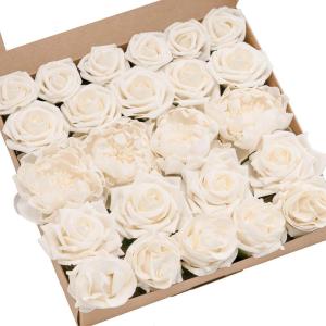 imageLings Moment Artificial Flowers Fake Faux Foam Roses Gardenia Combo for DIY Wedding Bouquets Centerpieces Arrangements Bridal Shower Party Home Decorations Dusty Blue ampamp White 24pcsIvory