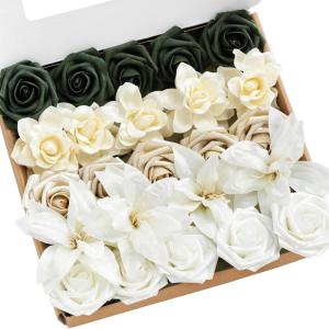 imageLings Moment Artificial Flowers Fake Faux Foam Roses Gardenia Combo for DIY Wedding Bouquets Centerpieces Arrangements Bridal Shower Party Home Decorations Dusty Blue ampamp White 24pcsPine Green  White