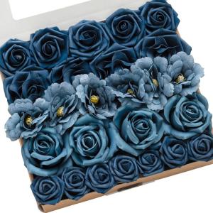 imageLings Moment Artificial Flowers Fake Faux Foam Roses Gardenia Combo for DIY Wedding Bouquets Centerpieces Arrangements Bridal Shower Party Home Decorations Dusty Blue ampamp White 24pcsNautical Navy