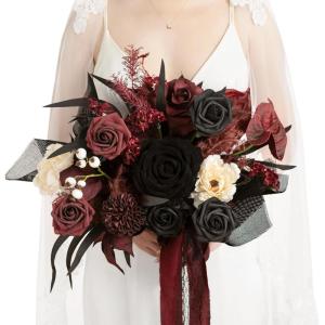 imageLings Moment Black and Burgundy Wedding Bouquets for Bride Gothic Bridal Bouquets for Bride 13 Inch Free Form Artificial Wedding Flower BouquetBlkmoody Burgundy  Black