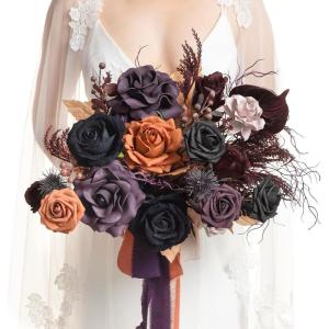 imageLings Moment Black and Burgundy Wedding Bouquets for Bride Gothic Bridal Bouquets for Bride 13 Inch Free Form Artificial Wedding Flower BouquetPrplevil Purple