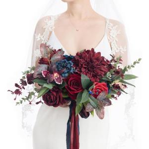 imageLings Moment Black and Burgundy Wedding Bouquets for Bride Gothic Bridal Bouquets for Bride 13 Inch Free Form Artificial Wedding Flower BouquetRedburgundy  Navy