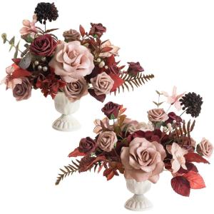 imageLings Moment Black ampamp Burgundy Artificial Flowers with Vase Gothic Wedding Table Decor Bouquet Centerpiece Flower Potted for Ceremony Reception Desk Flowers Mantel Goth Fake Flowers Set of 2Redburgundy  Dusty Rose