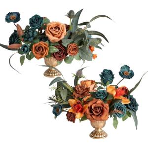 imageLings Moment Black ampamp Burgundy Artificial Flowers with Vase Gothic Wedding Table Decor Bouquet Centerpiece Flower Potted for Ceremony Reception Desk Flowers Mantel Goth Fake Flowers Set of 2Ordark Teal  Burnt Orange