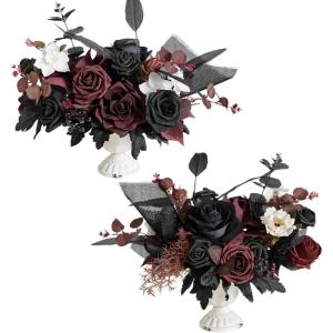 imageLings Moment Black ampamp Burgundy Artificial Flowers with Vase Gothic Wedding Table Decor Bouquet Centerpiece Flower Potted for Ceremony Reception Desk Flowers Mantel Goth Fake Flowers Set of 2Blkblack  Burgundy