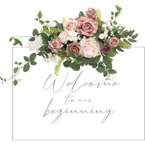 imageLings Moment Fall Wedding Floral Swag Welcome Sign Artificial Flowers Backdrop Garland Terracotta Orange For Ceremony Reception Wall Easel Home Decoration Entryway Faux Outdoor Board Head Table DecorDusty Rose  Creamnot Included Sign