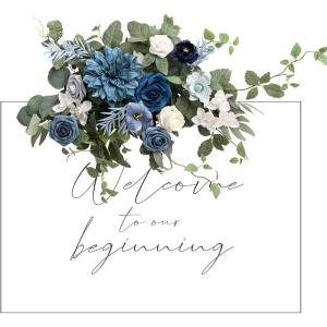 imageLings Moment Fall Wedding Floral Swag Welcome Sign Artificial Flowers Backdrop Garland Terracotta Orange For Ceremony Reception Wall Easel Home Decoration Entryway Faux Outdoor Board Head Table DecorDusty Blue  Navynot Included Sign