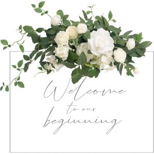 imageLings Moment Fall Wedding Floral Swag Welcome Sign Artificial Flowers Backdrop Garland Terracotta Orange For Ceremony Reception Wall Easel Home Decoration Entryway Faux Outdoor Board Head Table DecorWhite  Sagenot Included Sign