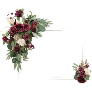 imageLings Moment 2pcs Wedding Artificial Sign Flower Swags Arch Floral Garlands Decorations Marsala Blush Pink for Ceremony Party Reception Entrance Welcome Easel Door Decor Wall Home Entryway Outdoor