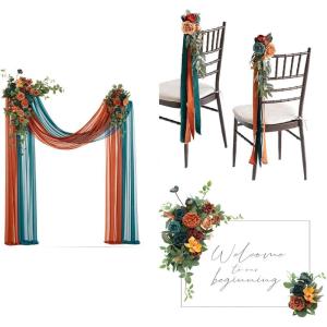 imageLings Moment Hanging Wedding Arch Flowers Aisle Pew Flowers Sign Flower Swag Decorations Package for Ceremony Reception Teal ampamp Burnt Orange Wedding Floral Arrangement Hanging Fabric Party Backdrop