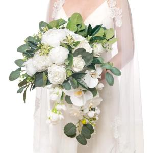 imageLings Moment White Green Bridal Bouquet for Bride White Green Wedding Bouquets for Bride 15 Inch Bride Bouquets for Wedding Artificial Flowers BouquetsWhtnatural Whites