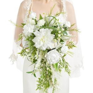 imageLings Moment White Green Bridal Bouquet for Bride White Green Wedding Bouquets for Bride 15 Inch Bride Bouquets for Wedding Artificial Flowers BouquetsWhtlily of the Valley White