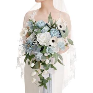 imageLings Moment White Green Bridal Bouquet for Bride White Green Wedding Bouquets for Bride 15 Inch Bride Bouquets for Wedding Artificial Flowers BouquetsBludusty Blue