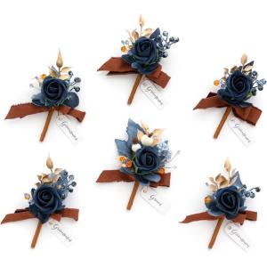 imageLings Moment Boutonniere for Men 6pcs Groom Groomsmen Boutonniere Artificial Flowers for Wedding DecorPromHomecomingetcBrownBluburnt Orange  Navy Blue