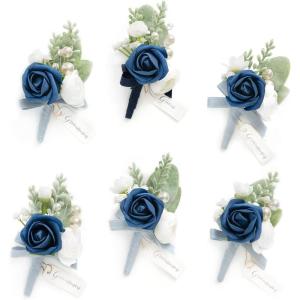 imageLings Moment Boutonniere for Men 6pcs Groom Groomsmen Boutonniere Artificial Flowers for Wedding DecorPromHomecomingetcBrownBlunavy Blue  Dark Blue