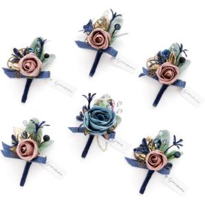 imageLings Moment Boutonniere for Men 6pcs Groom Groomsmen Boutonniere Artificial Flowers for Wedding DecorPromHomecomingetcBrownBlunavy Blue  Pink