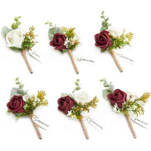 imageLings Moment Boutonniere for Men 6pcs Groom Groomsmen Boutonniere Artificial Flowers for Wedding DecorPromHomecomingetcBrownBurburgundy  White