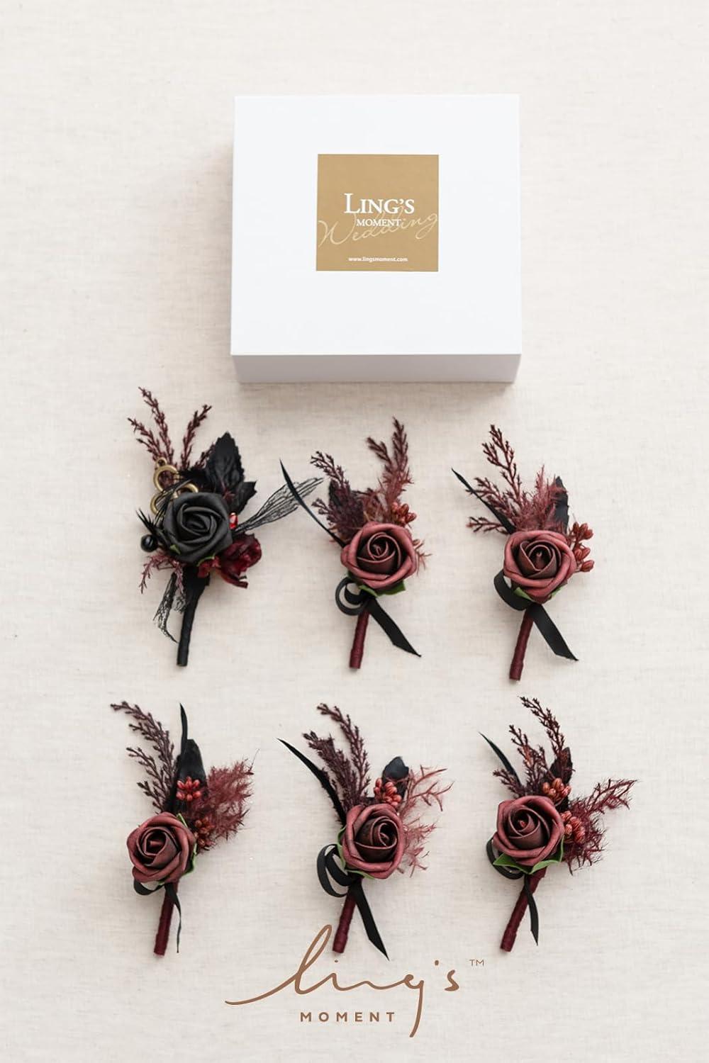 imageLings Moment Boutonniere for Men 6pcs Groom Groomsmen Boutonniere Artificial Flowers for Wedding DecorPromHomecoming etcWalnut BrownBlkblack  Gothic Burgundy