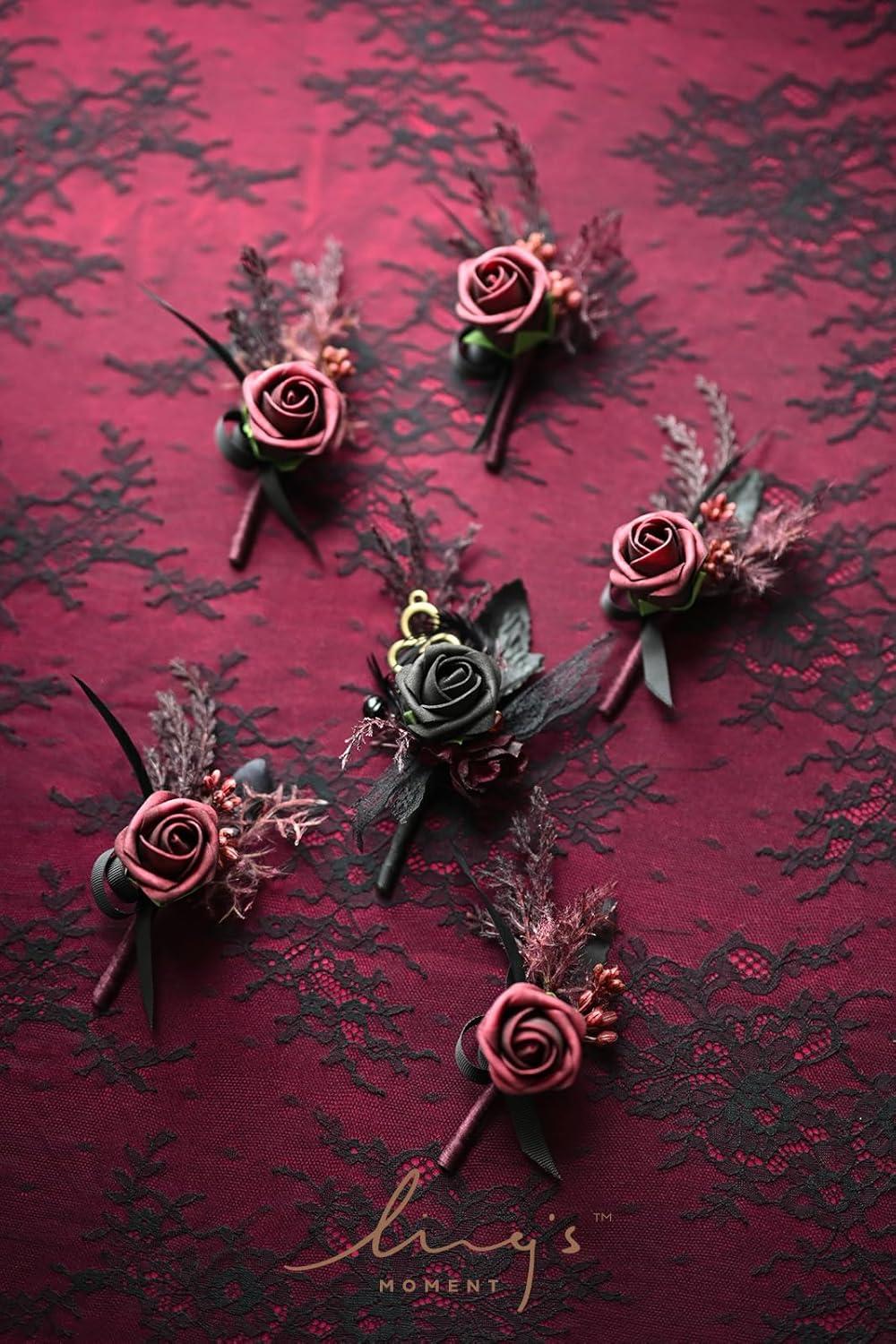 imageLings Moment Boutonniere for Men 6pcs Groom Groomsmen Boutonniere Artificial Flowers for Wedding DecorPromHomecoming etcWalnut BrownBlkblack  Gothic Burgundy