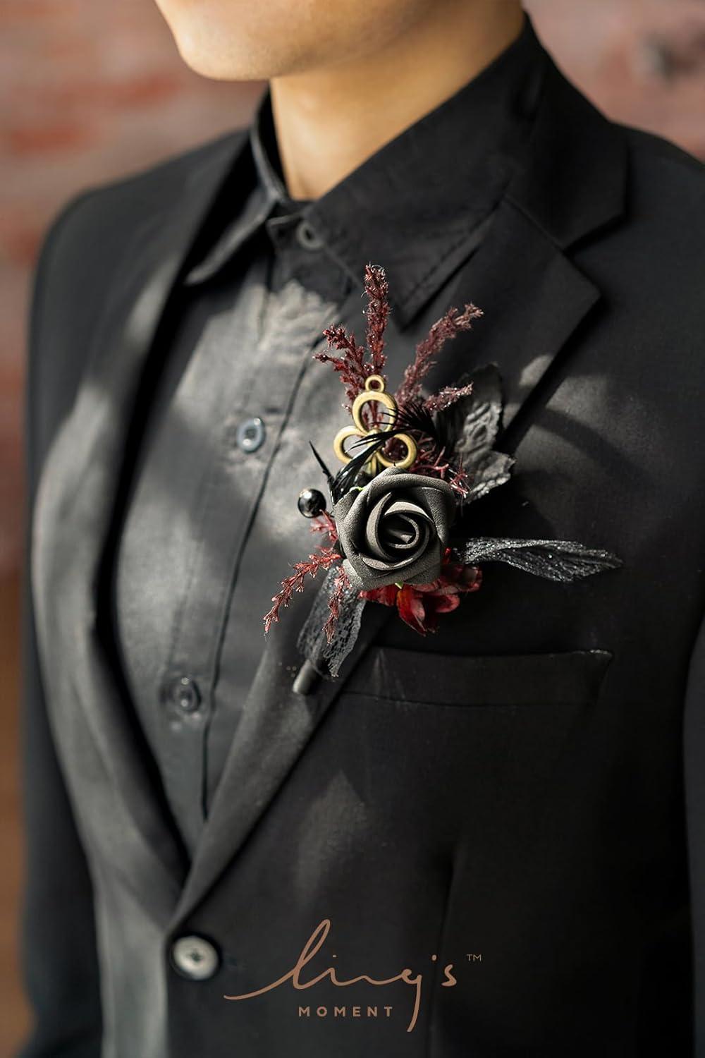 imageLings Moment Boutonniere for Men 6pcs Groom Groomsmen Boutonniere Artificial Flowers for Wedding DecorPromHomecoming etcWalnut BrownBlkblack  Gothic Burgundy