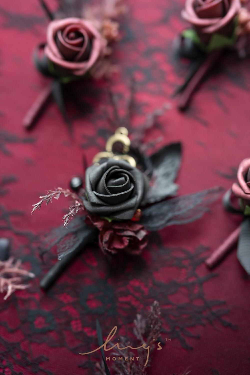 imageLings Moment Boutonniere for Men 6pcs Groom Groomsmen Boutonniere Artificial Flowers for Wedding DecorPromHomecoming etcWalnut BrownBlkblack  Gothic Burgundy
