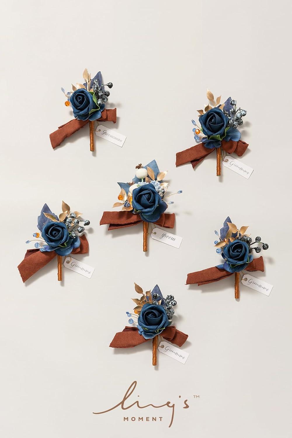 imageLings Moment Boutonniere for Men 6pcs Groom Groomsmen Boutonniere Artificial Flowers for Wedding DecorPromHomecoming etcWalnut BrownBluburnt Orange  Navy Blue