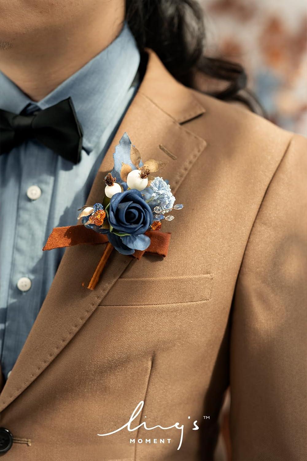 imageLings Moment Boutonniere for Men 6pcs Groom Groomsmen Boutonniere Artificial Flowers for Wedding DecorPromHomecoming etcWalnut BrownBluburnt Orange  Navy Blue