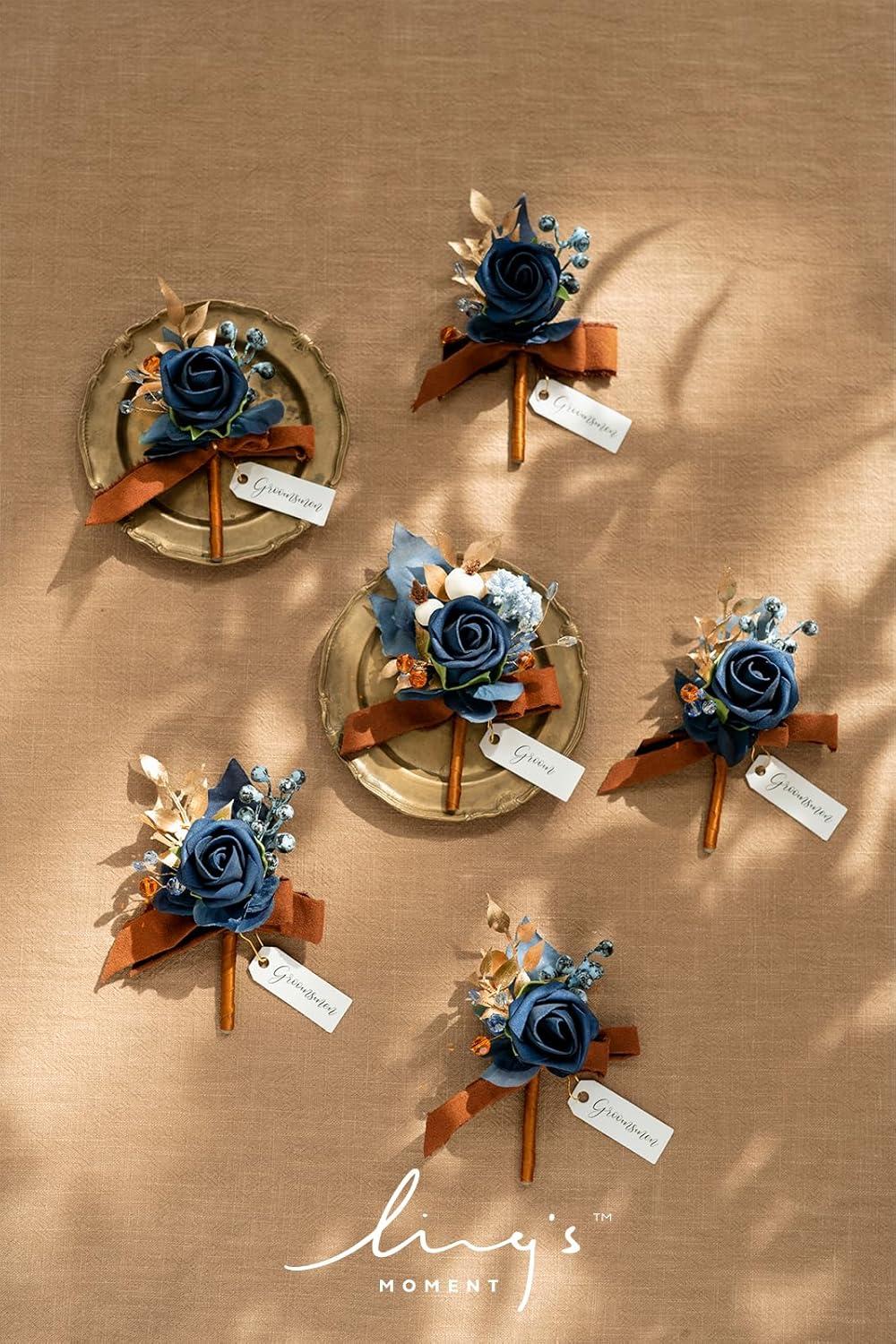 imageLings Moment Boutonniere for Men 6pcs Groom Groomsmen Boutonniere Artificial Flowers for Wedding DecorPromHomecoming etcWalnut BrownBluburnt Orange  Navy Blue