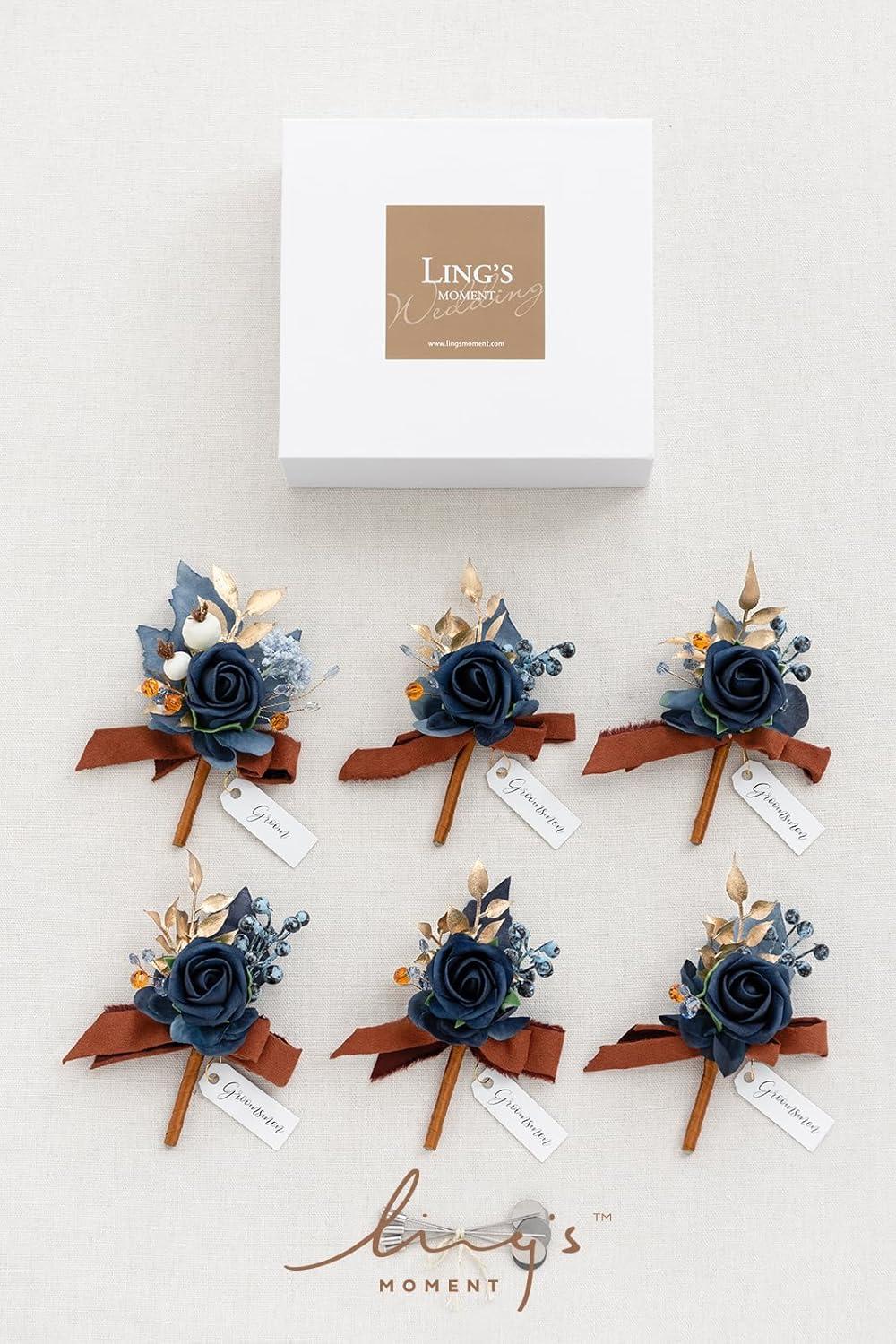imageLings Moment Boutonniere for Men 6pcs Groom Groomsmen Boutonniere Artificial Flowers for Wedding DecorPromHomecoming etcWalnut BrownBluburnt Orange  Navy Blue