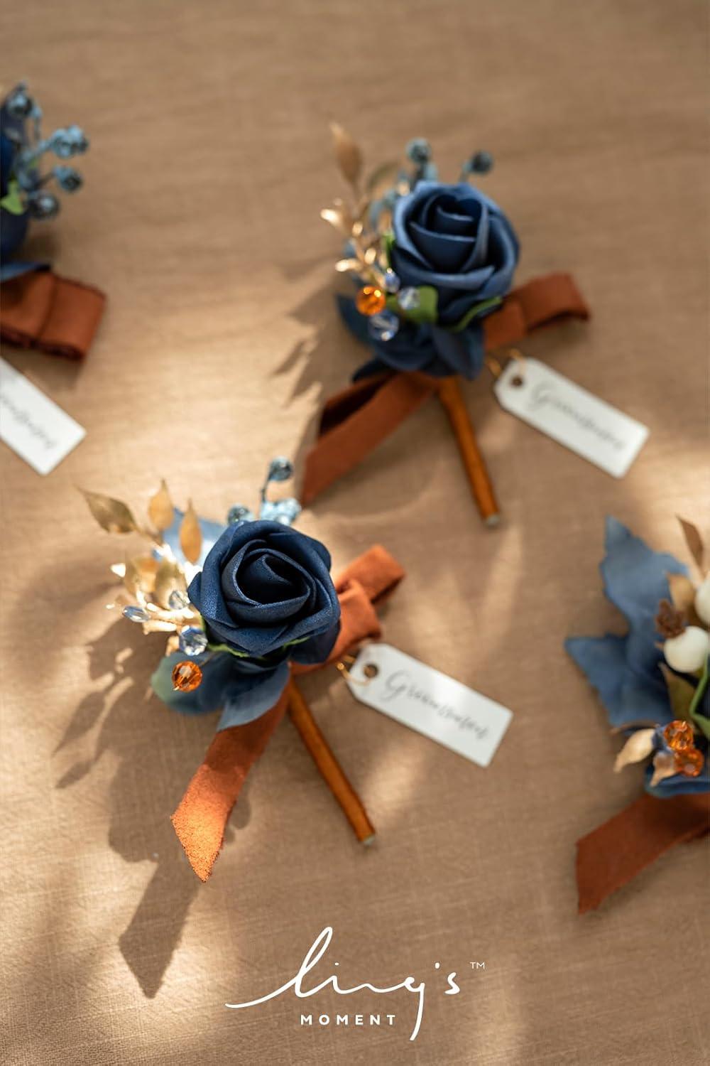 imageLings Moment Boutonniere for Men 6pcs Groom Groomsmen Boutonniere Artificial Flowers for Wedding DecorPromHomecoming etcWalnut BrownBluburnt Orange  Navy Blue