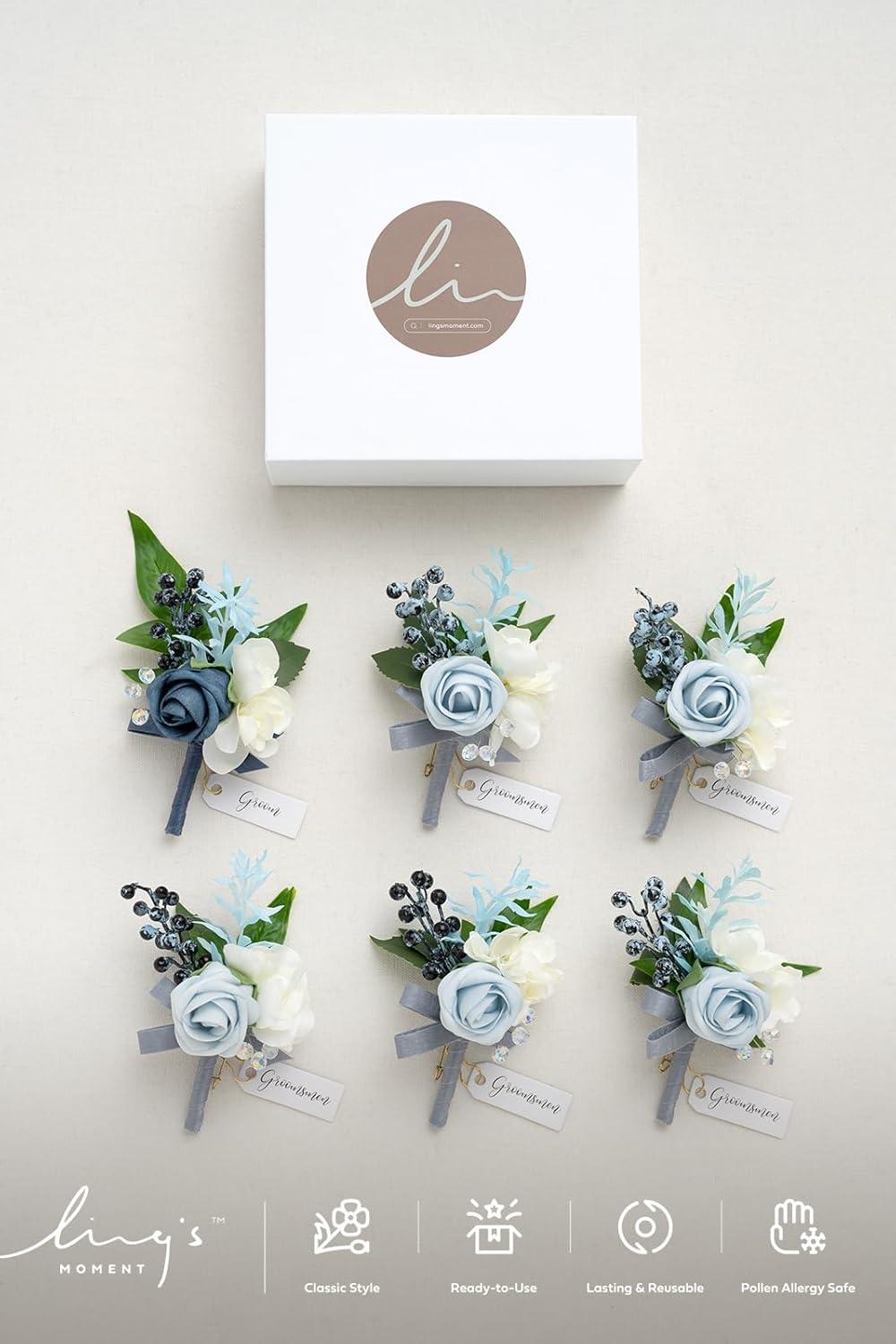 imageLings Moment Boutonniere for Men 6pcs Groom Groomsmen Boutonniere Artificial Flowers for Wedding DecorPromHomecoming etcWalnut BrownBludusty Blue  Light Blue