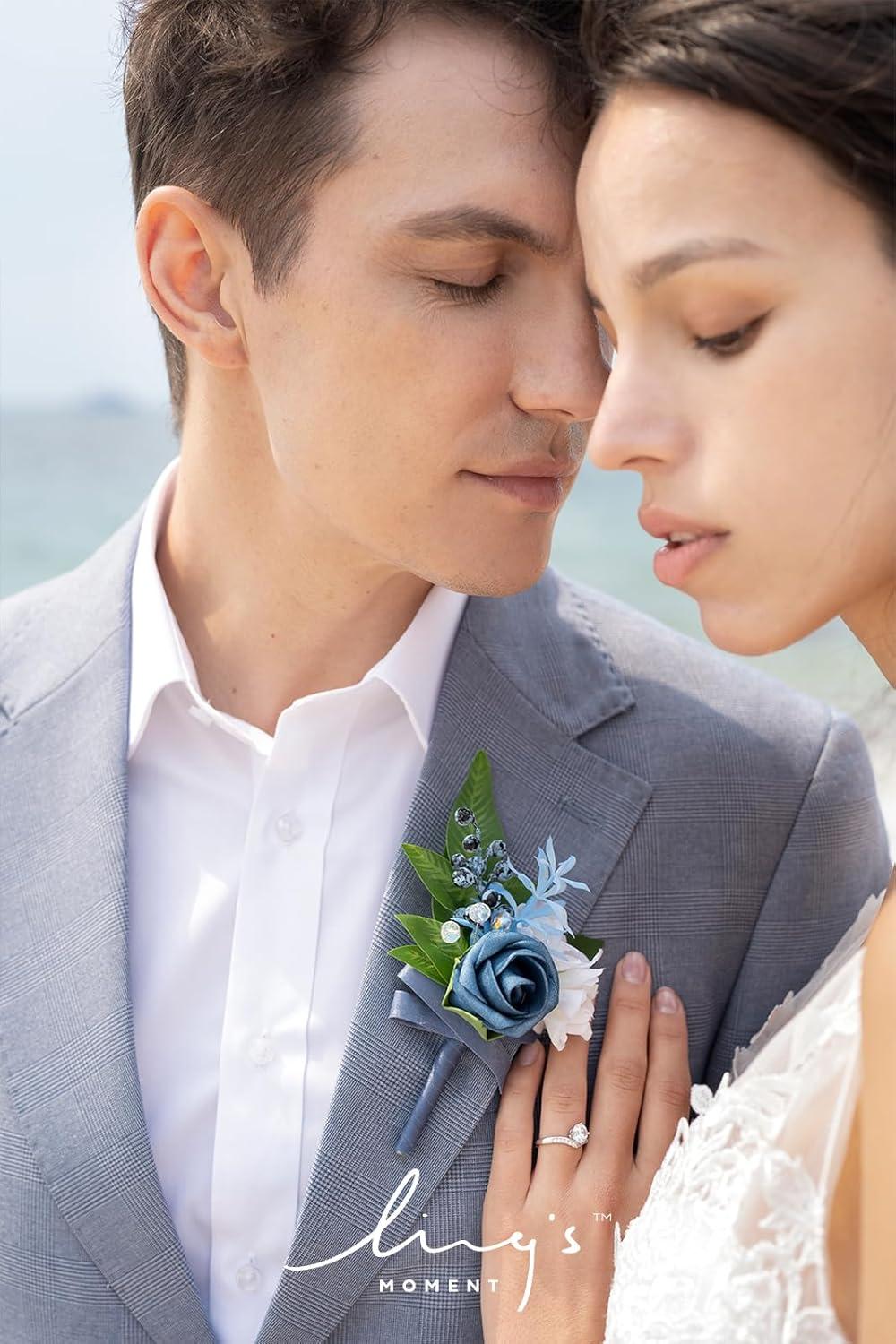 imageLings Moment Boutonniere for Men 6pcs Groom Groomsmen Boutonniere Artificial Flowers for Wedding DecorPromHomecoming etcWalnut BrownBludusty Blue  Light Blue