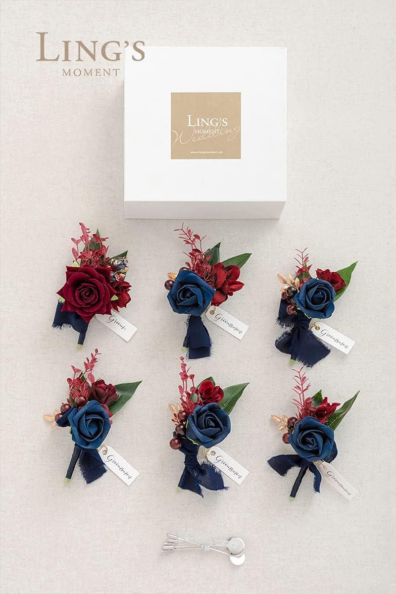 imageLings Moment Boutonniere for Men 6pcs Groom Groomsmen Boutonniere Artificial Flowers for Wedding DecorPromHomecoming etcWalnut BrownBlunavy Blue  Burgundy