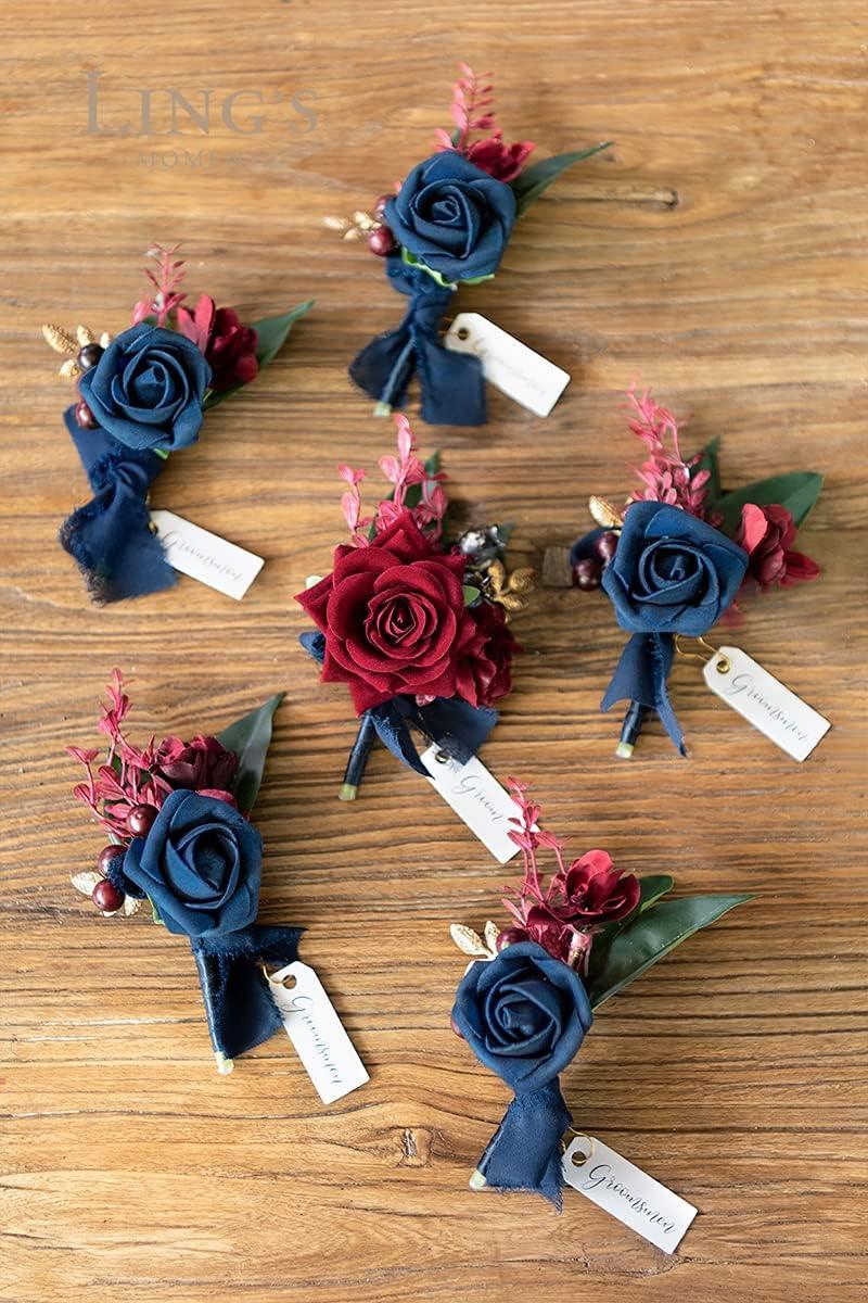 imageLings Moment Boutonniere for Men 6pcs Groom Groomsmen Boutonniere Artificial Flowers for Wedding DecorPromHomecoming etcWalnut BrownBlunavy Blue  Burgundy