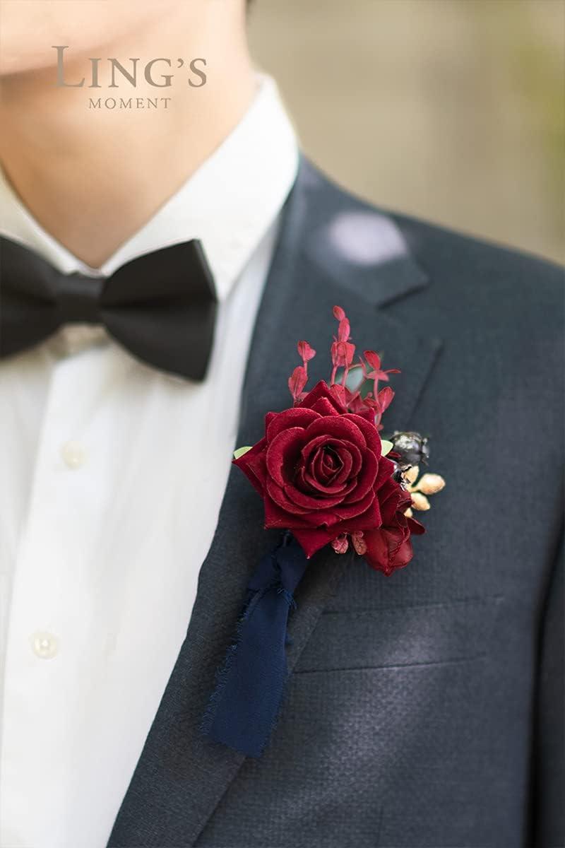 imageLings Moment Boutonniere for Men 6pcs Groom Groomsmen Boutonniere Artificial Flowers for Wedding DecorPromHomecoming etcWalnut BrownBlunavy Blue  Burgundy
