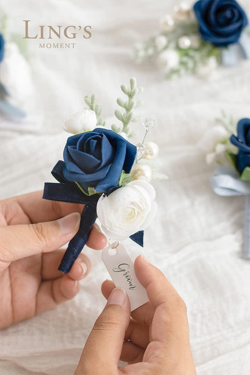 imageLings Moment Boutonniere for Men 6pcs Groom Groomsmen Boutonniere Artificial Flowers for Wedding DecorPromHomecoming etcWalnut BrownBlunavy Blue  Dark Blue