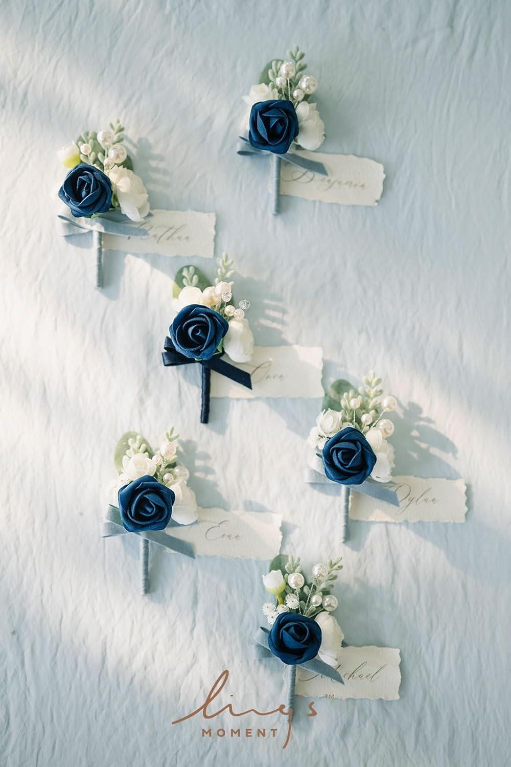 imageLings Moment Boutonniere for Men 6pcs Groom Groomsmen Boutonniere Artificial Flowers for Wedding DecorPromHomecoming etcWalnut BrownBlunavy Blue  Dark Blue