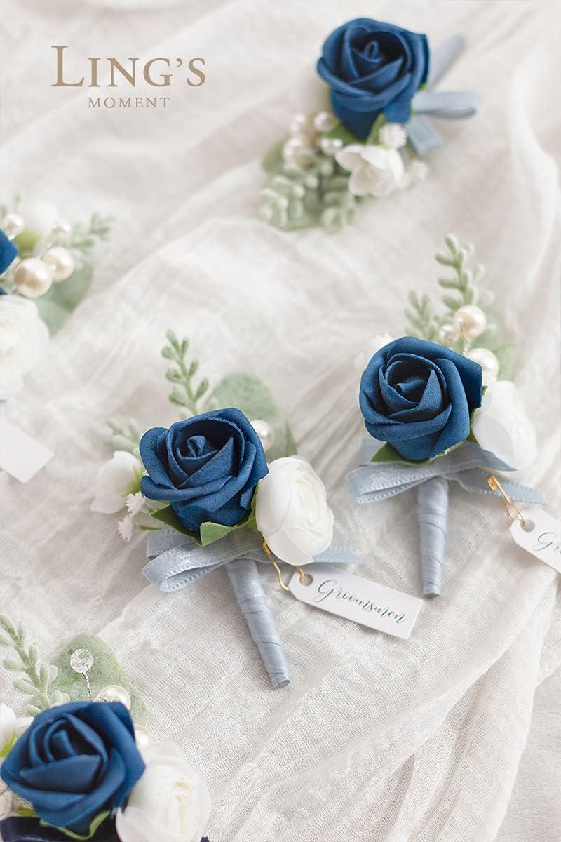 imageLings Moment Boutonniere for Men 6pcs Groom Groomsmen Boutonniere Artificial Flowers for Wedding DecorPromHomecoming etcWalnut BrownBlunavy Blue  Dark Blue