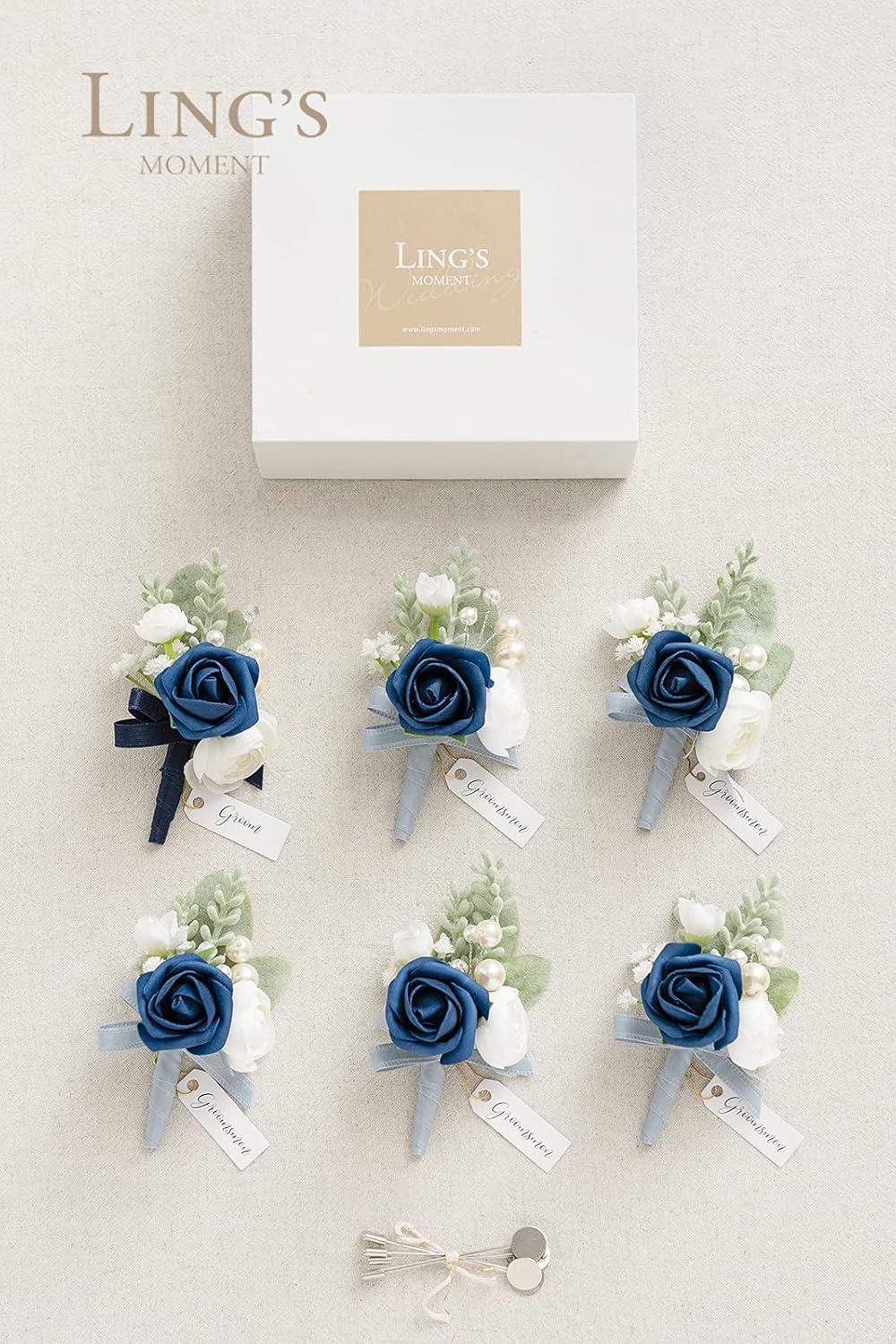 imageLings Moment Boutonniere for Men 6pcs Groom Groomsmen Boutonniere Artificial Flowers for Wedding DecorPromHomecoming etcWalnut BrownBlunavy Blue  Dark Blue