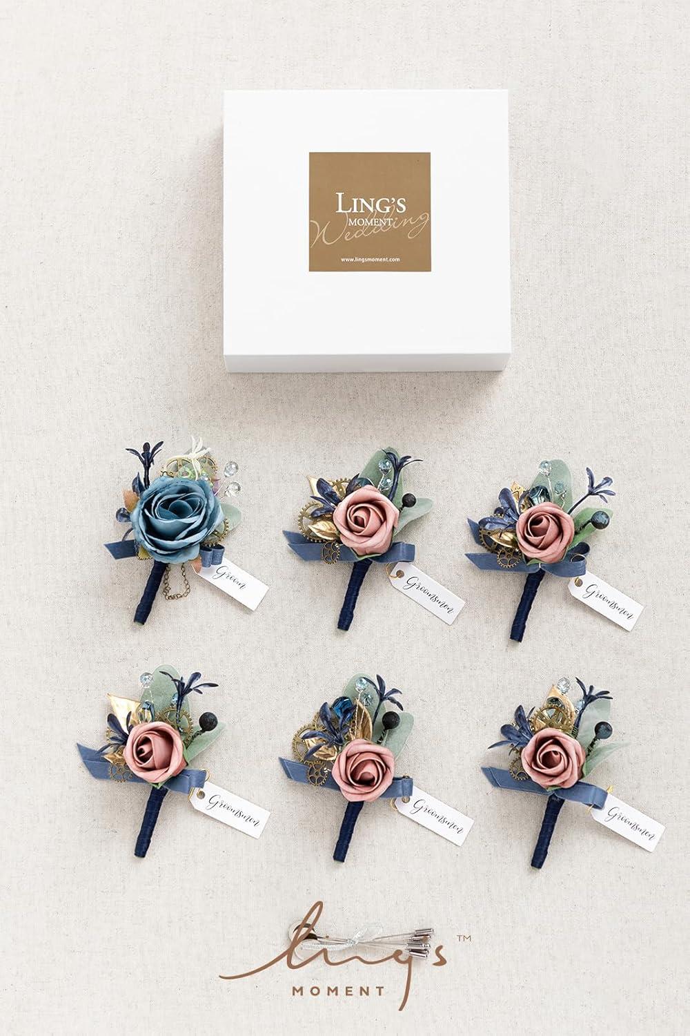 imageLings Moment Boutonniere for Men 6pcs Groom Groomsmen Boutonniere Artificial Flowers for Wedding DecorPromHomecoming etcWalnut BrownBlunavy Blue  Pink