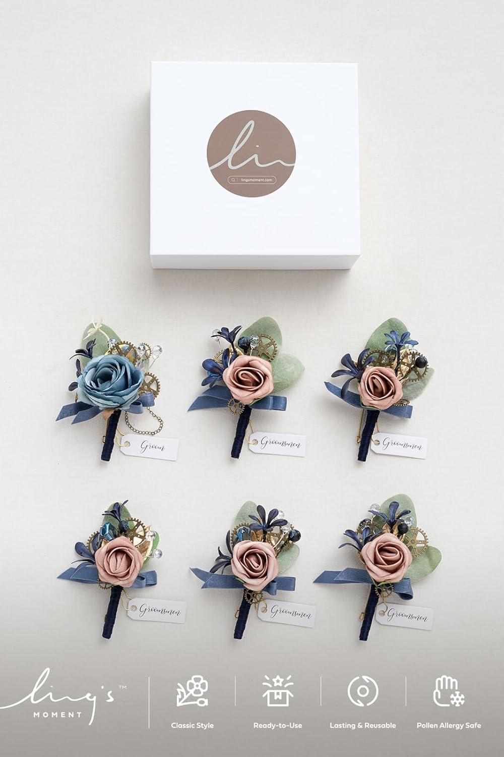 imageLings Moment Boutonniere for Men 6pcs Groom Groomsmen Boutonniere Artificial Flowers for Wedding DecorPromHomecoming etcWalnut BrownBlunavy Blue  Pink