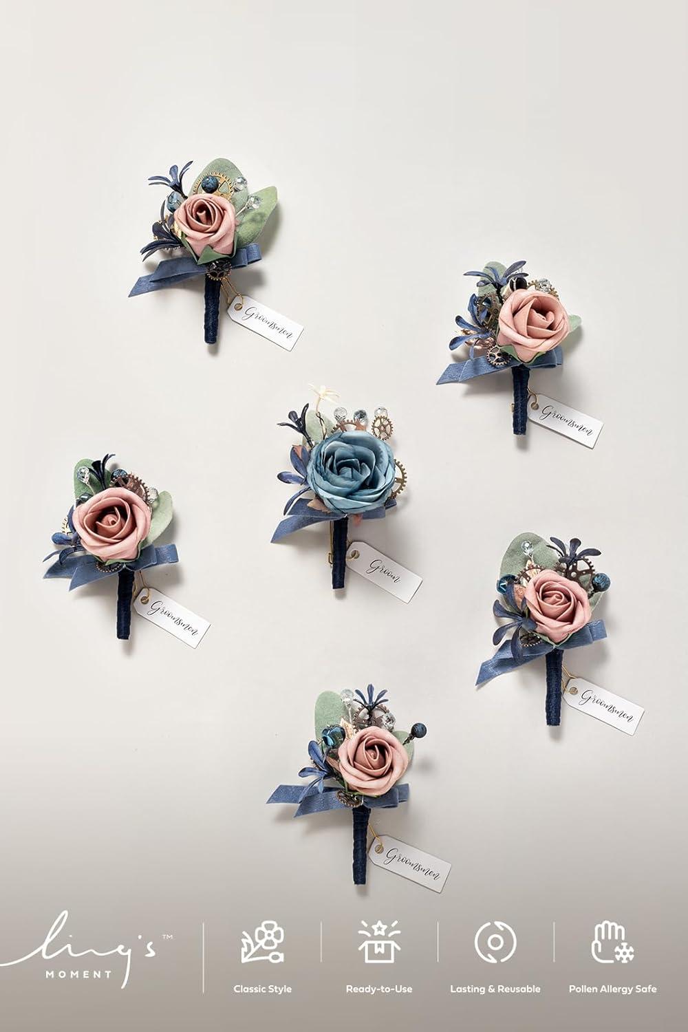 imageLings Moment Boutonniere for Men 6pcs Groom Groomsmen Boutonniere Artificial Flowers for Wedding DecorPromHomecoming etcWalnut BrownBlunavy Blue  Pink