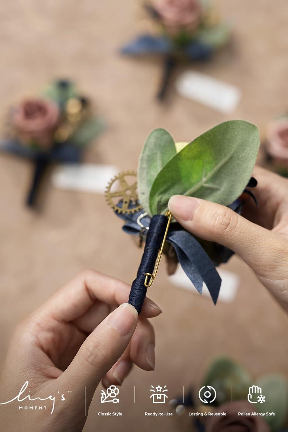 imageLings Moment Boutonniere for Men 6pcs Groom Groomsmen Boutonniere Artificial Flowers for Wedding DecorPromHomecoming etcWalnut BrownBlunavy Blue  Pink