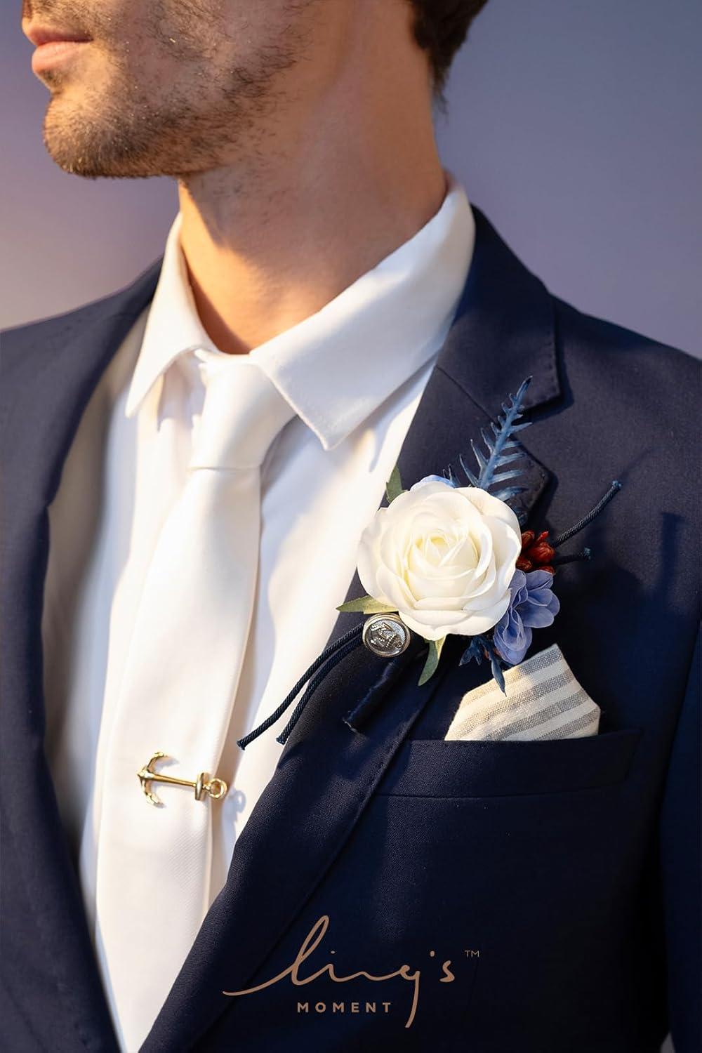 imageLings Moment Boutonniere for Men 6pcs Groom Groomsmen Boutonniere Artificial Flowers for Wedding DecorPromHomecoming etcWalnut BrownBlunavy Blue  White