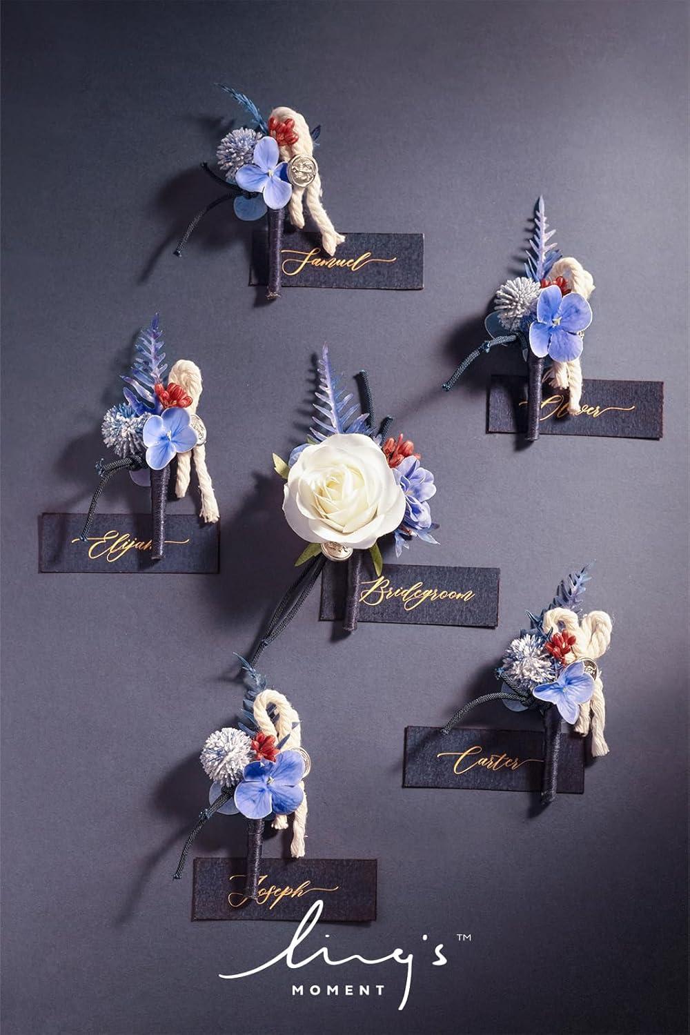 imageLings Moment Boutonniere for Men 6pcs Groom Groomsmen Boutonniere Artificial Flowers for Wedding DecorPromHomecoming etcWalnut BrownBlunavy Blue  White