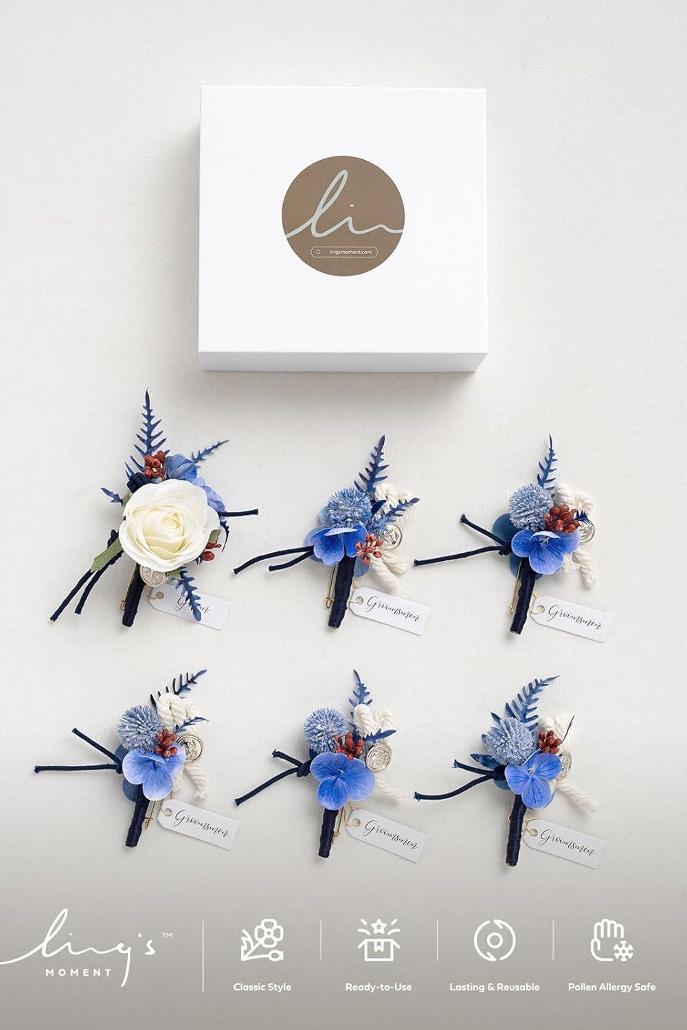 imageLings Moment Boutonniere for Men 6pcs Groom Groomsmen Boutonniere Artificial Flowers for Wedding DecorPromHomecoming etcWalnut BrownBlunavy Blue  White