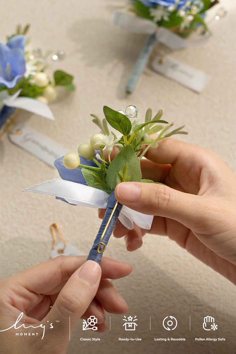 imageLings Moment Boutonniere for Men 6pcs Groom Groomsmen Boutonniere Artificial Flowers for Wedding DecorPromHomecoming etcWalnut BrownBluprovence Blue  Berry