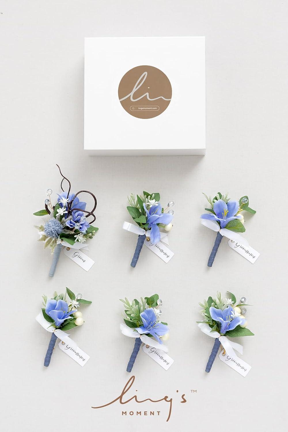 imageLings Moment Boutonniere for Men 6pcs Groom Groomsmen Boutonniere Artificial Flowers for Wedding DecorPromHomecoming etcWalnut BrownBluprovence Blue  Berry