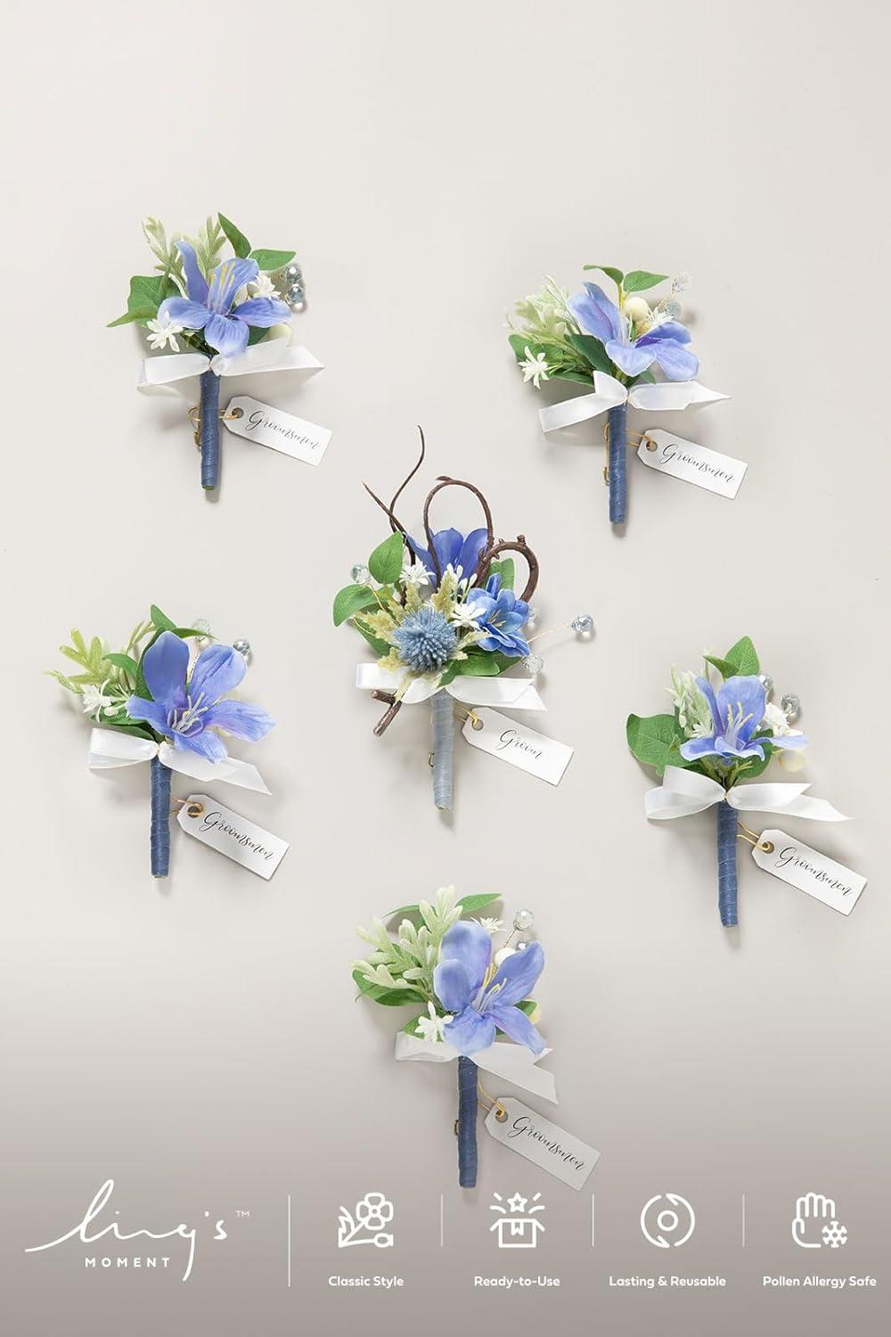 imageLings Moment Boutonniere for Men 6pcs Groom Groomsmen Boutonniere Artificial Flowers for Wedding DecorPromHomecoming etcWalnut BrownBluprovence Blue  Berry